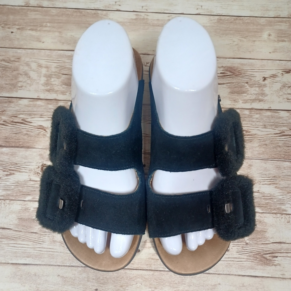 UGG Suede 2 Strap Slide On Sandals Fuzzy Buckle Women's Size 7 Black - Picture 5 of 14